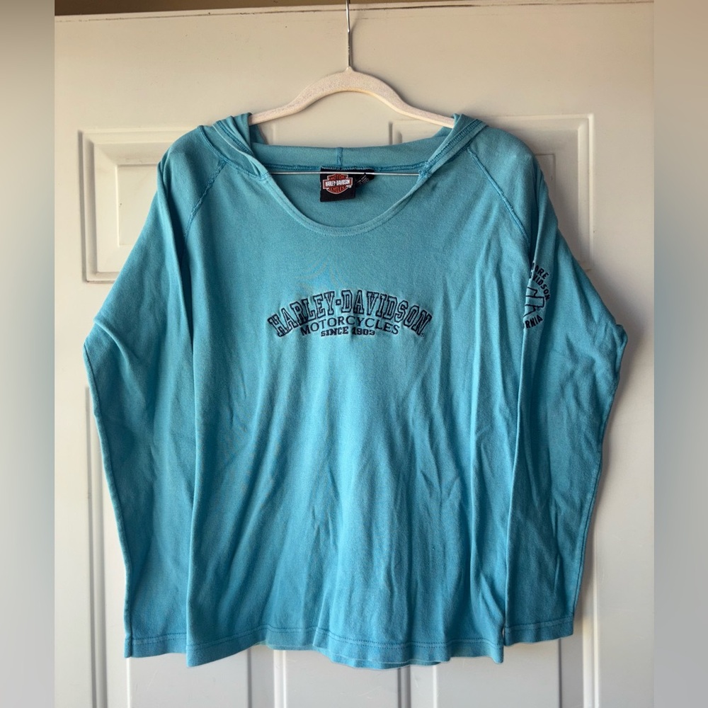 Harley-Davidson long sleeve teal hooded tee size S